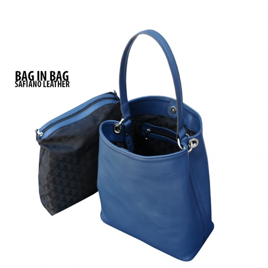 Geanta dama piele naturala -BAG IN BAG Blue Soft Leather